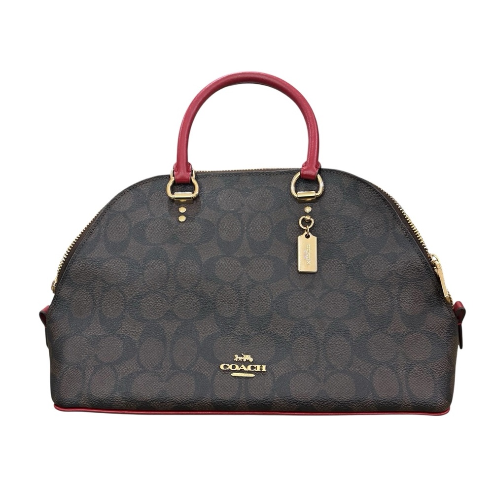 COACH Brown Signature Dome Satchel with Red Handles - Picture 2 of 12